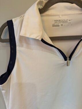 Nike Women's White Sleeveless Dri-FIT Polo with Navy Trim